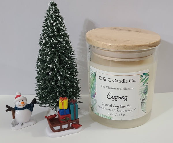 Eggnog Scented Soy Candles; Christmas Candle; 100 % Soy Wax; Clear Glass Jar with Wooden Lid; Slow Burning; Deliciously Scented Candles, Boho Style. Farmhouse