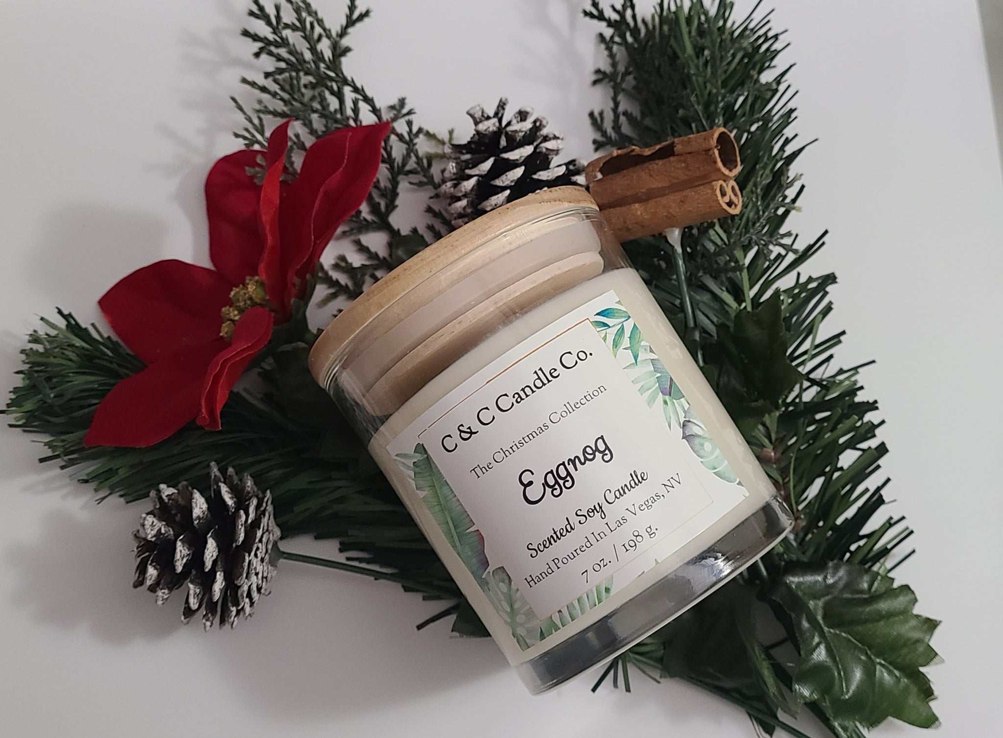 Eggnog Scented Soy Candles; Christmas Candle; 100 % Soy Wax; Clear Glass Jar with Wooden Lid; Slow Burning; Deliciously Scented Candles, Boho Style. Farmhouse