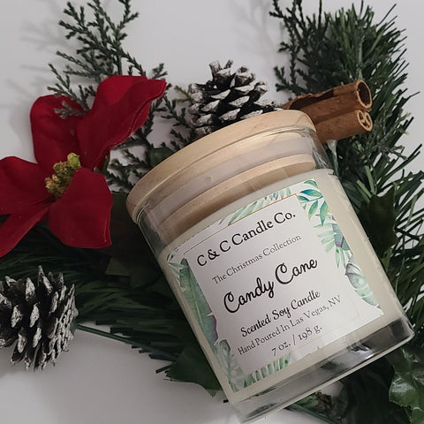Candy Cane  Scented Candle | Christmas | Soy Wax Candle | Clear Glass Jar with Wood Lid | Hand poured | Great Gift | Deliciously Scented