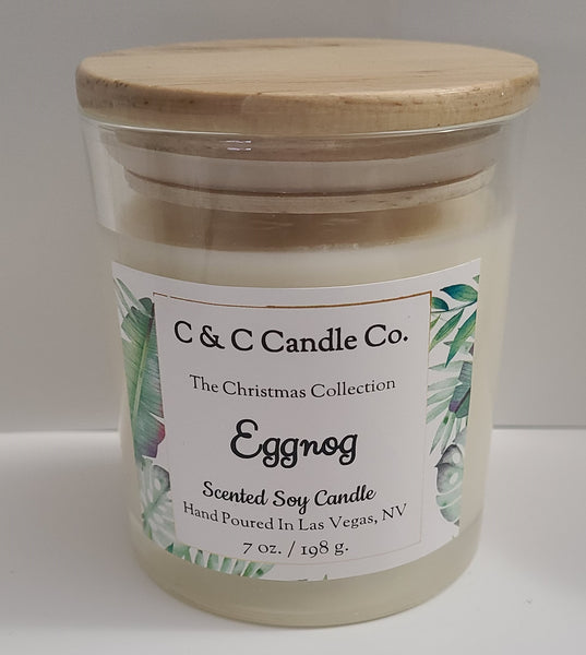 Eggnog Scented Soy Candles; Christmas Candle; 100 % Soy Wax; Clear Glass Jar with Wooden Lid; Slow Burning; Deliciously Scented Candles, Boho Style. Farmhouse