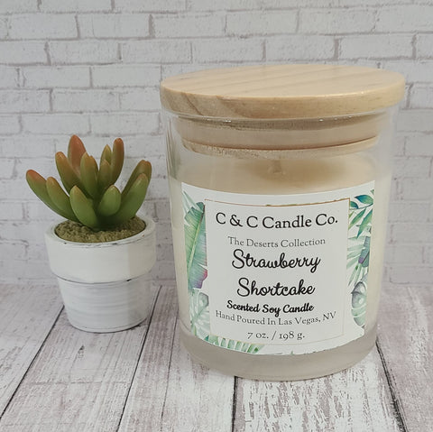 Strawberry Shortcake Scented Candle | Soy Wax Candle | Clear Glass Jar with Wood Lid | Hand poured | Great Gift | Deliciously Scented Candle