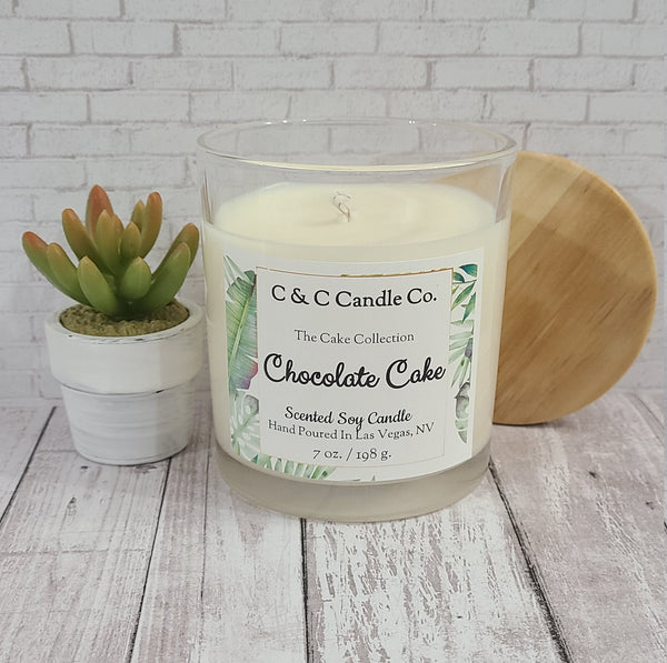 Chocolate Cake Scented Candle | Soy Wax Candle | Clear Glass Jar with Wood Lid | Hand poured | Great Gift | Deliciously Scented Candle