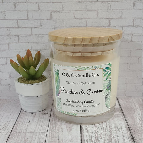 Peaches & Cream Scented Candle | Soy Wax Candle | Clear Glass Jar with Wood Lid | Hand poured | Great Gift | Deliciously Scented Candle
