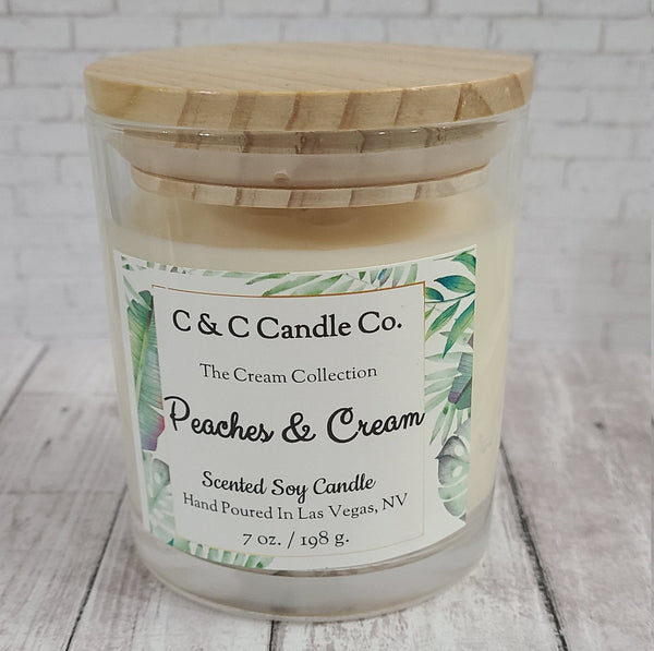 Peaches & Cream Scented Candle | Soy Wax Candle | Clear Glass Jar with Wood Lid | Hand poured | Great Gift | Deliciously Scented Candle