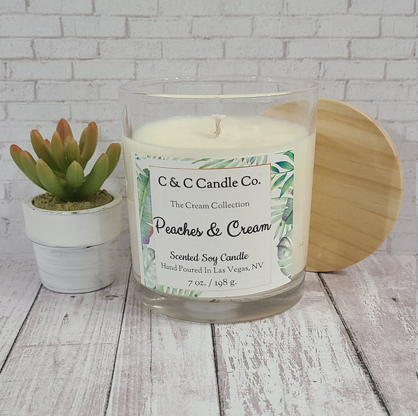 Peaches & Cream Scented Candle | Soy Wax Candle | Clear Glass Jar with Wood Lid | Hand poured | Great Gift | Deliciously Scented Candle