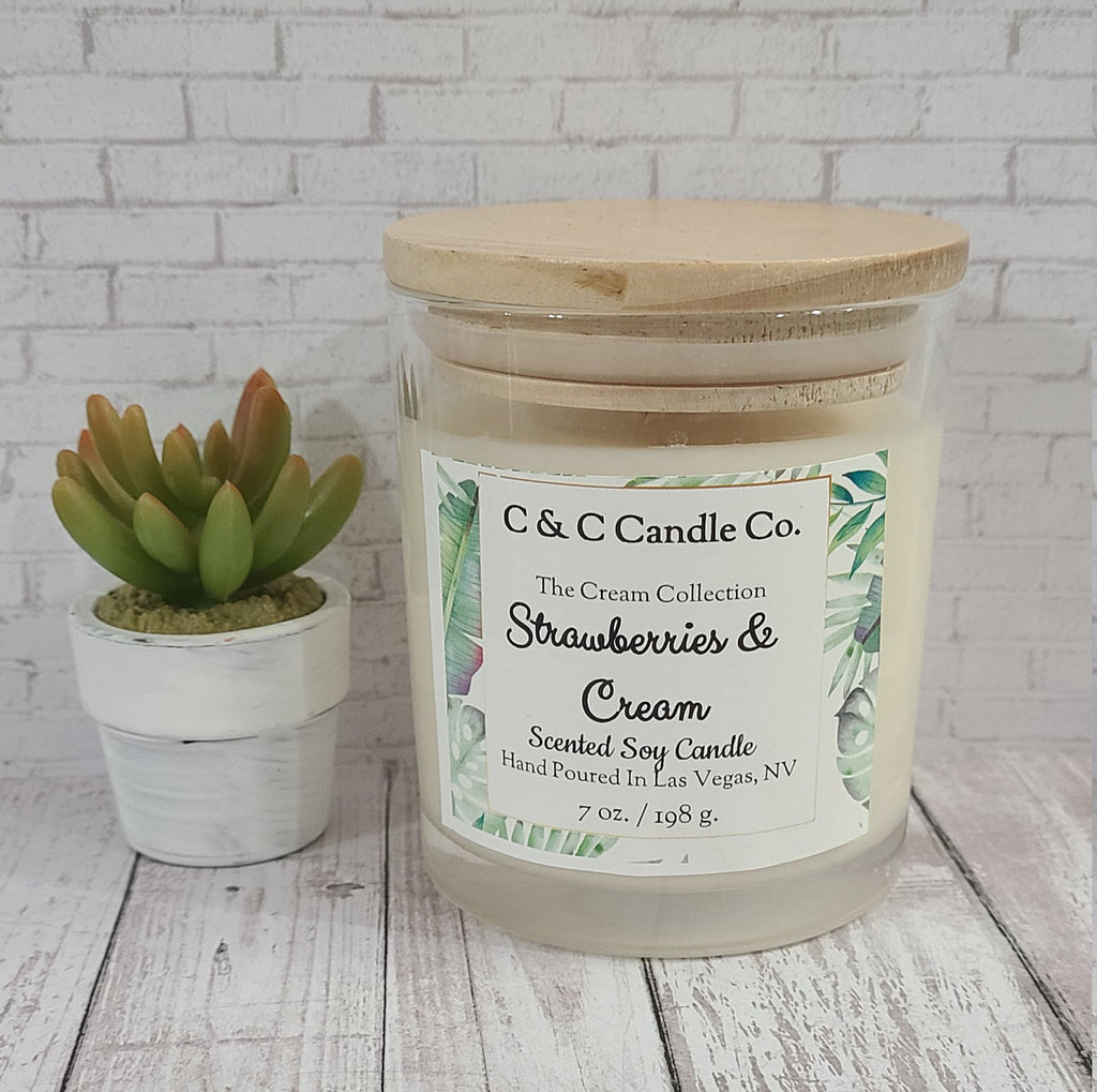 Strawberries & Cream Scented Candle | Soy Wax Candle | Clear Glass Jar ...