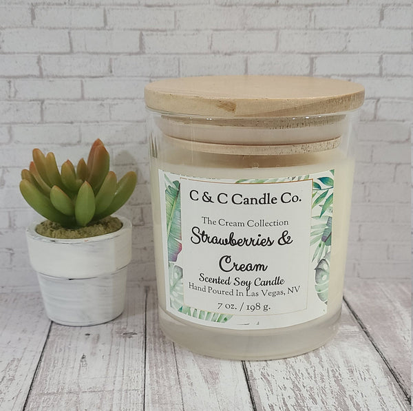 Strawberries & Cream Scented Candle | Soy Wax Candle | Clear Glass Jar with Wood Lid | Hand poured | Great Gift | Deliciously Scented Candle