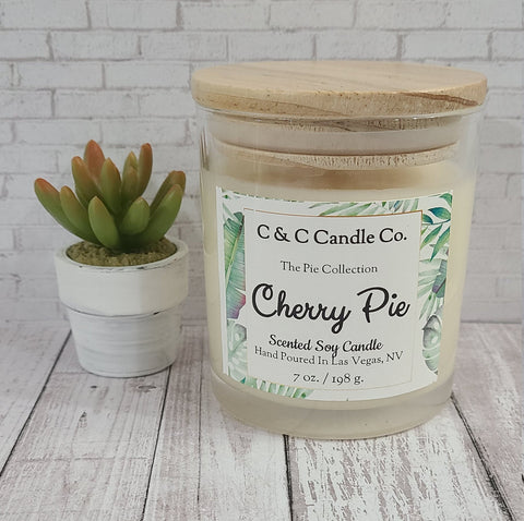 Cherry Pie Scented Candle | Soy Wax Candle | Clear Glass Jar with Wood Lid | Hand poured | Great Gift | Deliciously Scented Candle