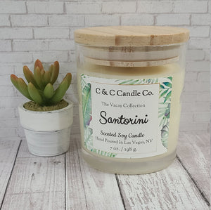 Santorini Scented Candle | Soy Wax Candle | Clear Glass Jar with Wood Lid | Hand poured | Great Gift | Juniper Scented Candle