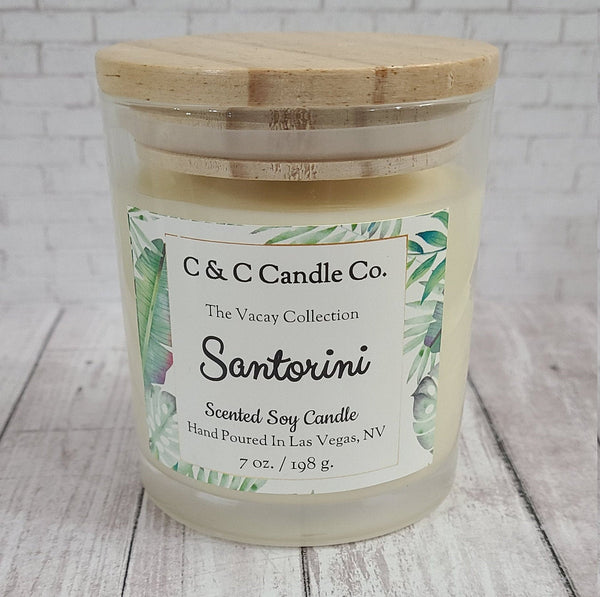 Santorini Scented Candle | Soy Wax Candle | Clear Glass Jar with Wood Lid | Hand poured | Great Gift | Juniper Scented Candle