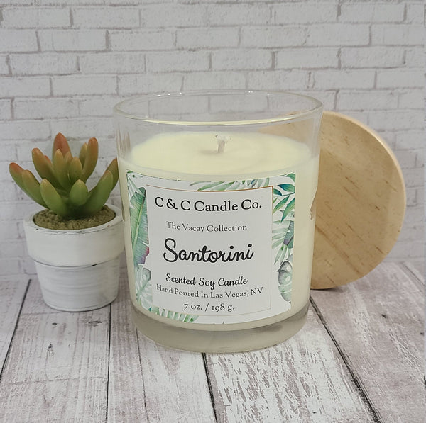 Santorini Scented Candle | Soy Wax Candle | Clear Glass Jar with Wood Lid | Hand poured | Great Gift | Juniper Scented Candle