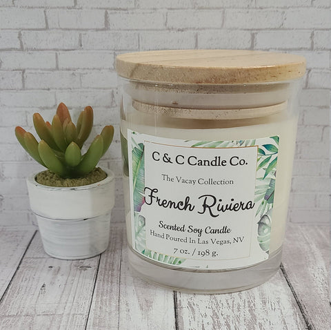 French Riviera Scented Candle | Lavender & Honey Scented Candle | Soy Wax | Clear Glass Jar with Wood Lid | Hand poured | Great Gift
