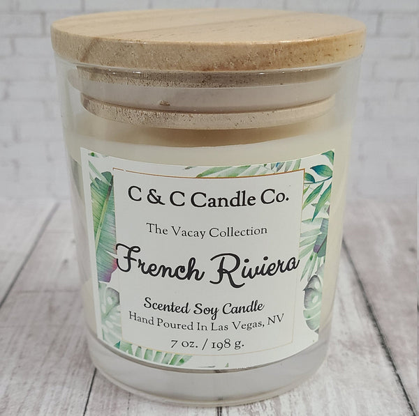 French Riviera Scented Candle | Lavender & Honey Scented Candle | Soy Wax | Clear Glass Jar with Wood Lid | Hand poured | Great Gift