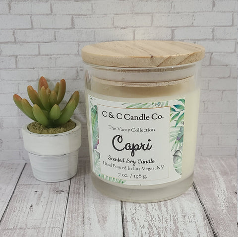 Capri Scented Candle | Limoncello Scented Candle | Soy Wax | Clear Glass Jar with Wood Lid | Hand poured | Great Gift | Deliciously Scented