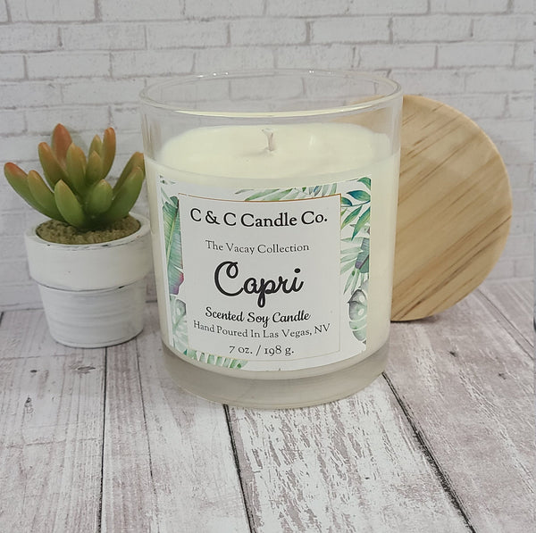 Capri Scented Candle | Limoncello Scented Candle | Soy Wax | Clear Glass Jar with Wood Lid | Hand poured | Great Gift | Deliciously Scented