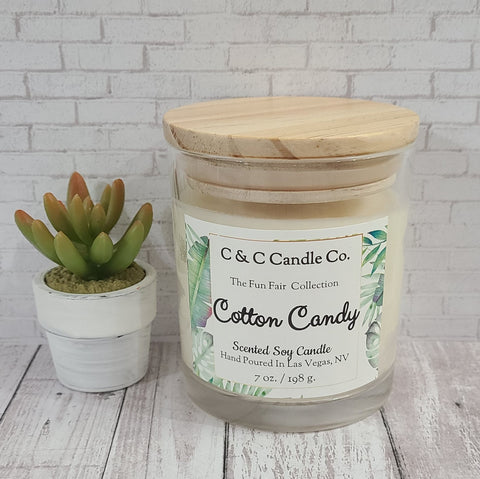 Cotton Candy Scented Candle | Soy Wax Candle | Clear Glass Jar with Wood Lid | Hand poured | Great Gift | Deliciously Scented Candle