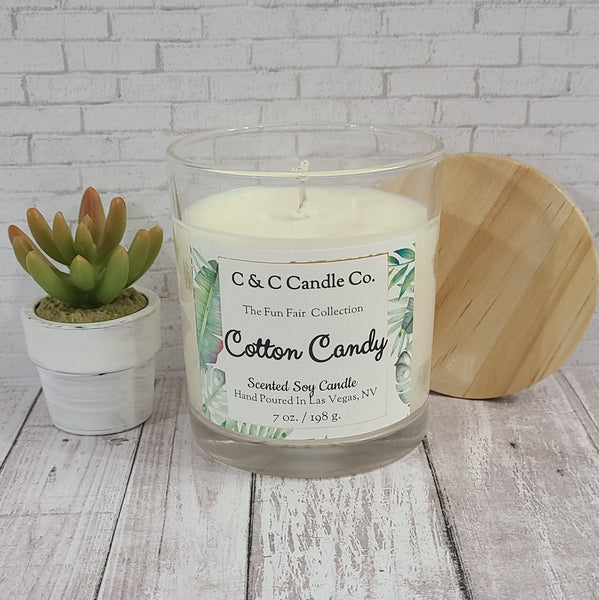 Cotton Candy Scented Candle | Soy Wax Candle | Clear Glass Jar with Wood Lid | Hand poured | Great Gift | Deliciously Scented Candle