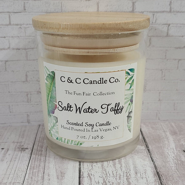 Salt Water Taffy Scented Candle | Soy Wax Candle | Clear Glass Jar with Wood Lid | Hand poured | Great Gift | Deliciously Scented Candle