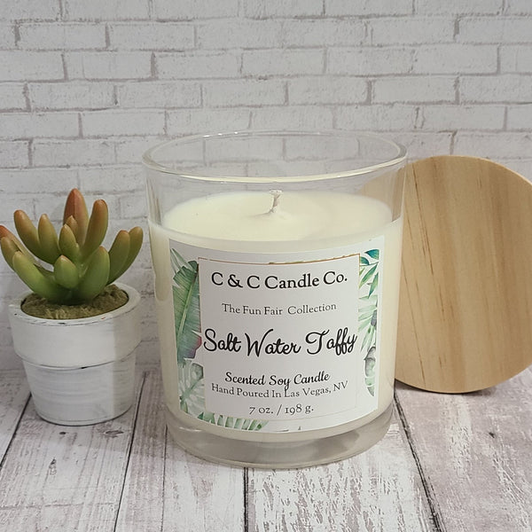 Salt Water Taffy Scented Candle | Soy Wax Candle | Clear Glass Jar with Wood Lid | Hand poured | Great Gift | Deliciously Scented Candle