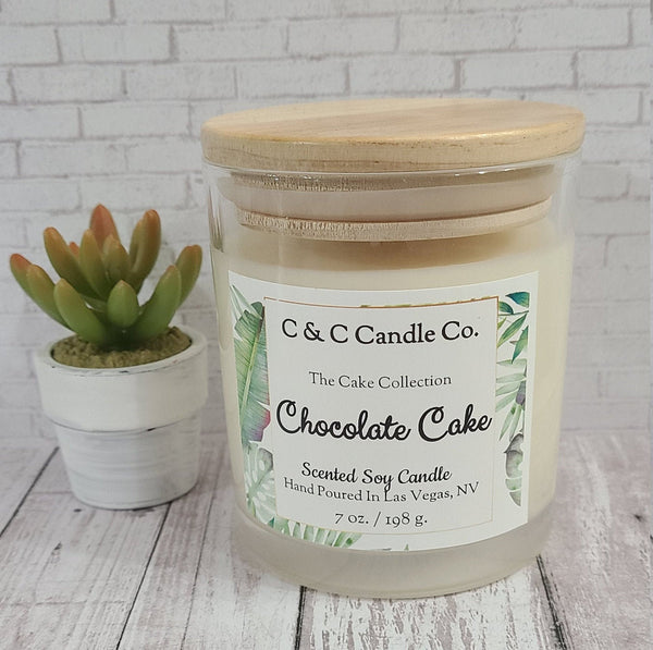 Chocolate Cake Scented Candle | Soy Wax Candle | Clear Glass Jar with Wood Lid | Hand poured | Great Gift | Deliciously Scented Candle