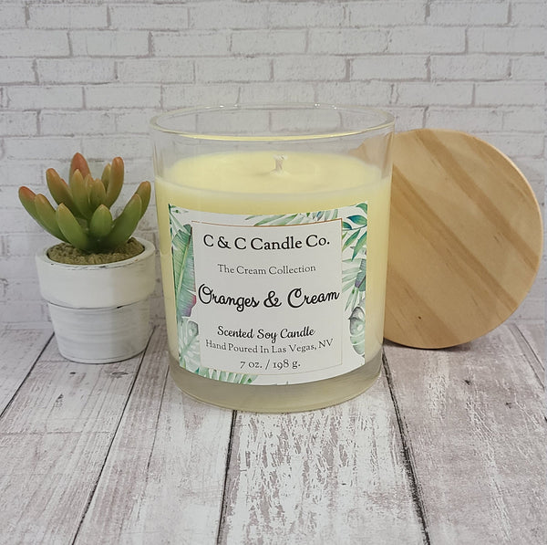 Oranges & Cream Scented Candle | Soy Wax Candle | Clear Glass Jar with Wood Lid | Hand poured | Great Gift | Deliciously Scented Candle