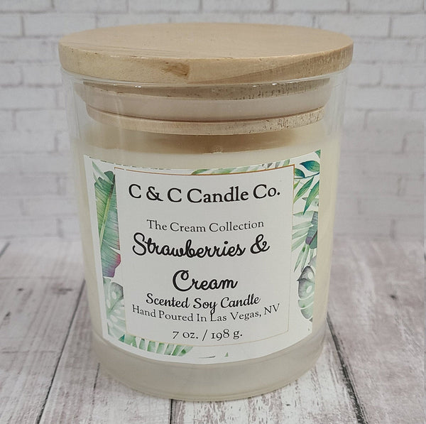 Strawberries & Cream Scented Candle | Soy Wax Candle | Clear Glass Jar with Wood Lid | Hand poured | Great Gift | Deliciously Scented Candle