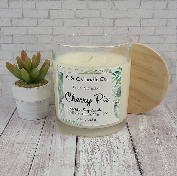 Cherry Pie Scented Candle | Soy Wax Candle | Clear Glass Jar with Wood Lid | Hand poured | Great Gift | Deliciously Scented Candle