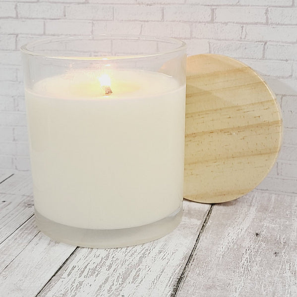 Santorini Scented Candle | Soy Wax Candle | Clear Glass Jar with Wood Lid | Hand poured | Great Gift | Juniper Scented Candle