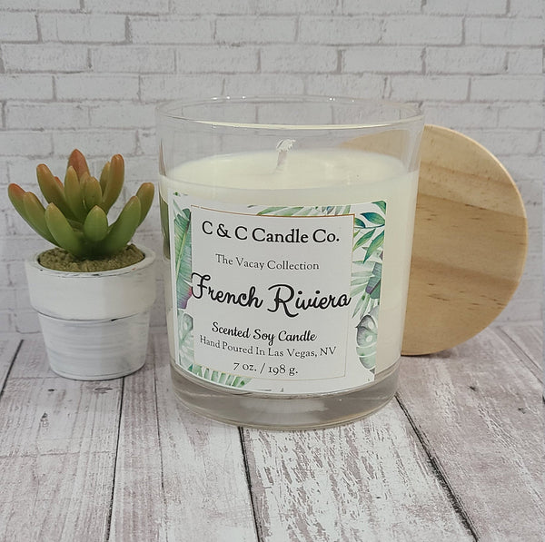 French Riviera Scented Candle | Lavender & Honey Scented Candle | Soy Wax | Clear Glass Jar with Wood Lid | Hand poured | Great Gift