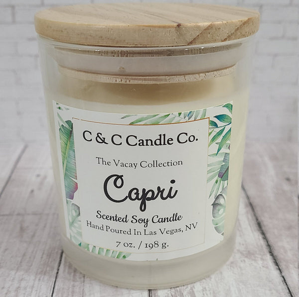 Capri Scented Candle | Limoncello Scented Candle | Soy Wax | Clear Glass Jar with Wood Lid | Hand poured | Great Gift | Deliciously Scented