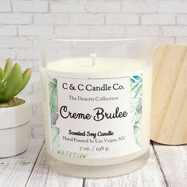 Creme Brulee Scented Candle | Soy Wax Candle | Clear Glass Jar with Wood Lid | Hand poured | Great Gift | Deliciously Scented Candle