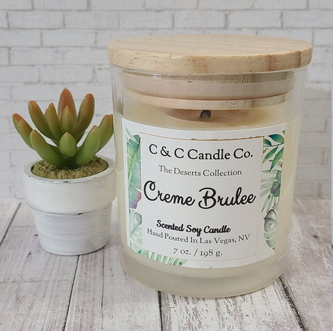 Creme Brulee Scented Candle | Soy Wax Candle | Clear Glass Jar with Wood Lid | Hand poured | Great Gift | Deliciously Scented Candle